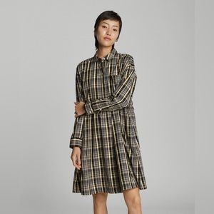 Everlane The Field Dress Long Sleeve Collar/Button Peplum Multi Plaid XL NWT